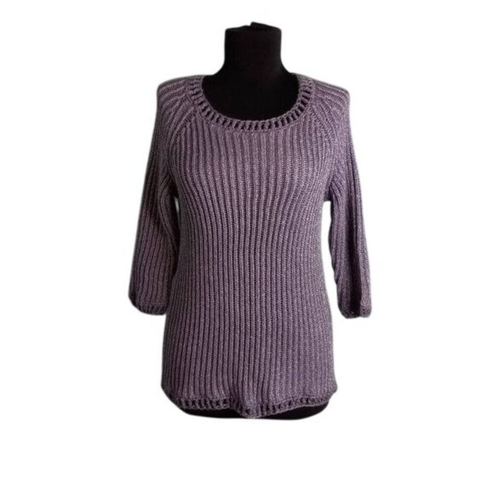 Chicos Size 1 M 8 Purple Metallic Knit Sweater Scoop Neck 3/4 Sleeves Ribbed